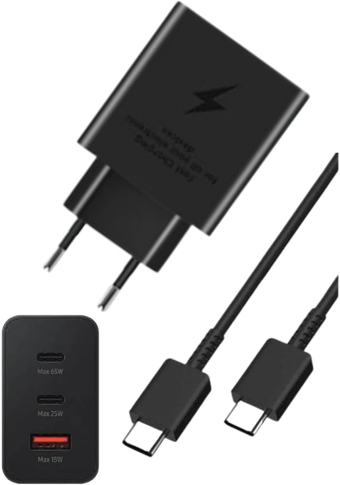 65W PD Power Adaptor Trio 3-Ports with USB-C to USB-C Cable Black