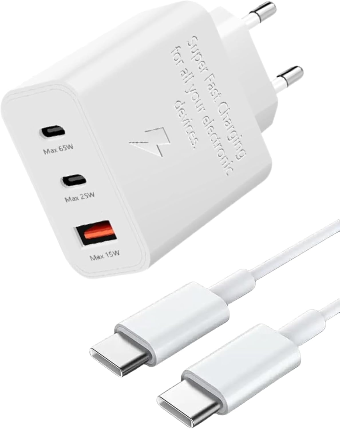 65W PD Power Adaptor Trio 3-Ports with USB-C to USB-C Cable White