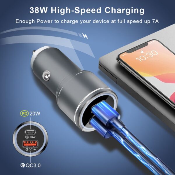 38W Dual Car Charger USB and Type-C Port - Silver (Generic) - Image 5
