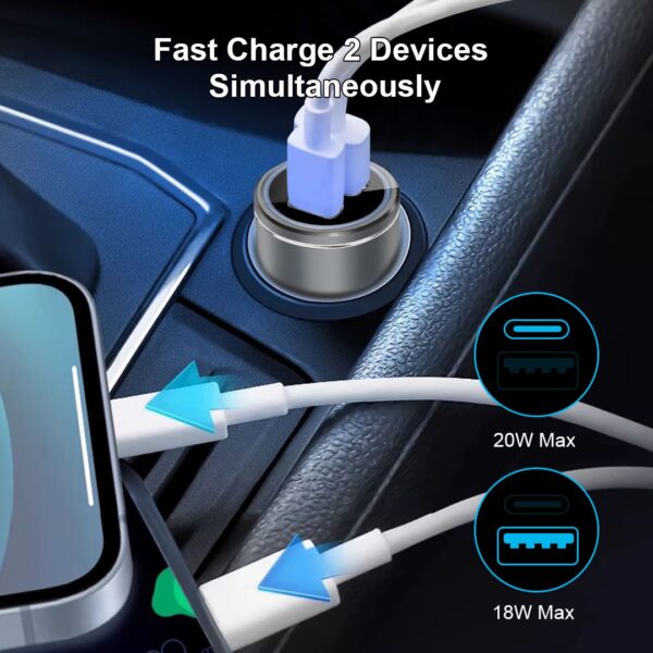 38W Dual Car Charger USB and Type-C Port - Silver (Generic) - Image 4