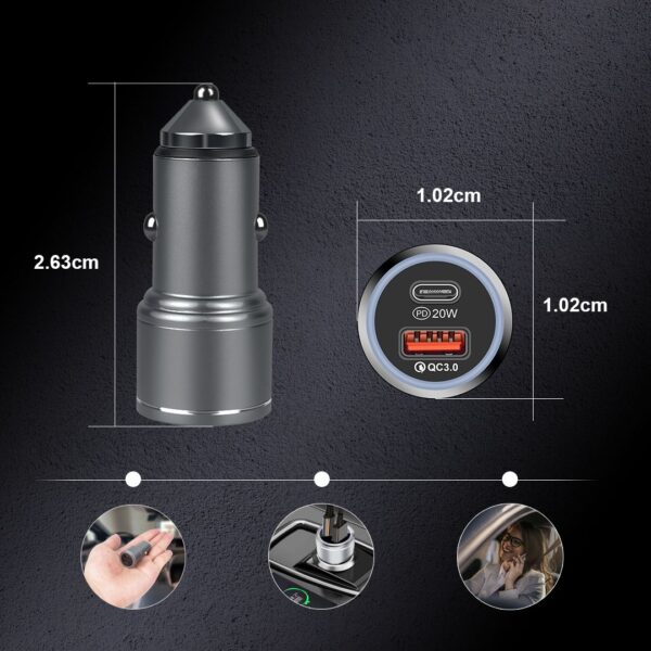 38W Dual Car Charger USB and Type-C Port - Silver (Generic) - Image 2